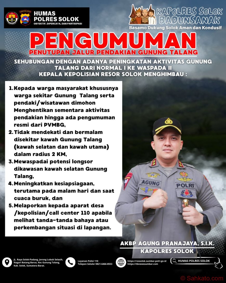 Status Waspada Naik, Jalur Pendakian Gunung Talang Ditutup Total