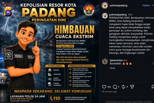 Hujan Intensitas Sedang hingga Lebat Guyur Padang, Warga Diminta Waspada