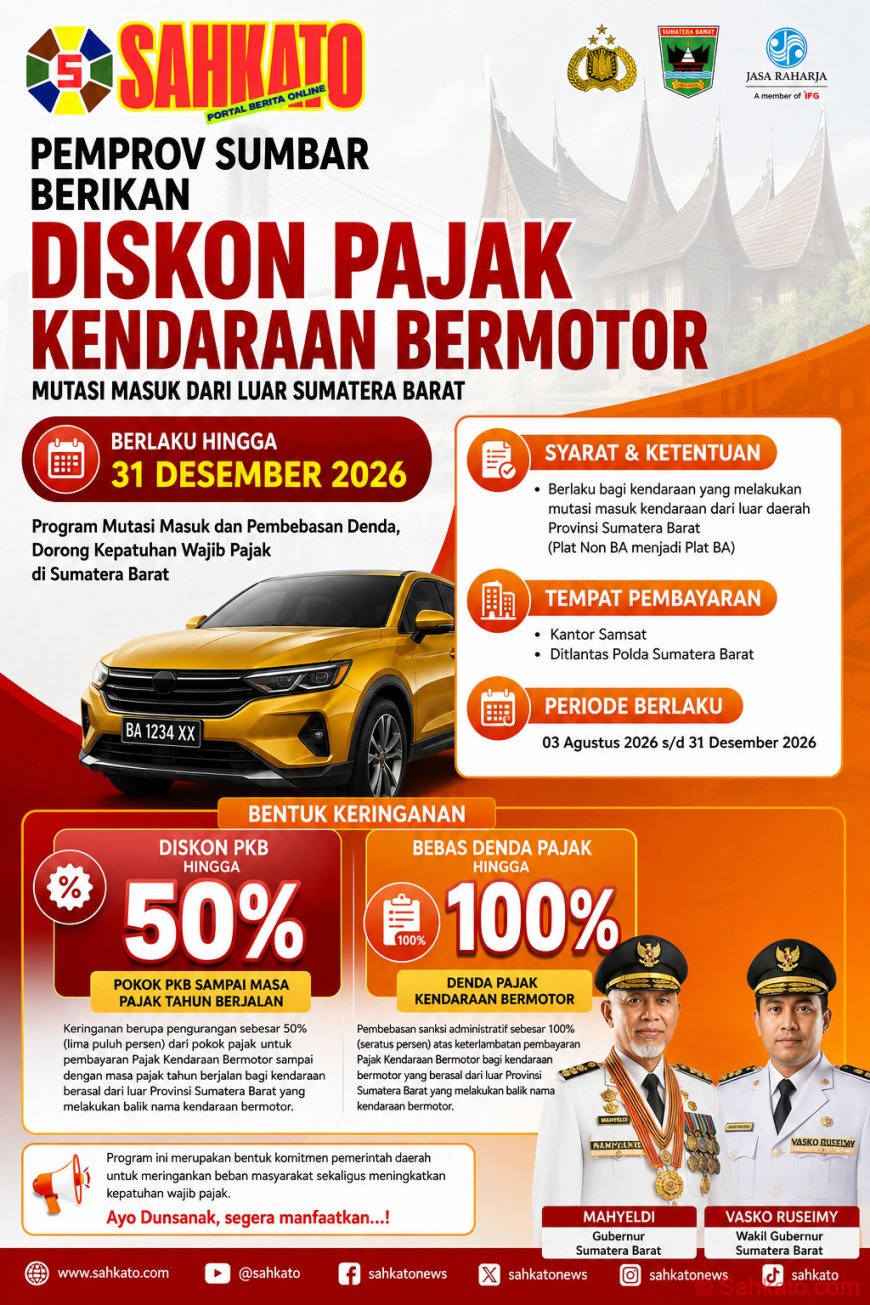 Pemprov Sumbar Berikan Diskon Pajak Kendaraan Bermotor hingga 100 Persen untuk Kendaraan Mutasi Masuk