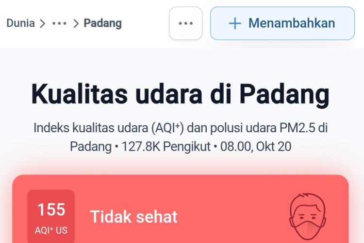 Udara Padang Makin Buruk Pagi Ini, AQI Melonjak ke 155 dan Masuk Kategori Tidak Sehat