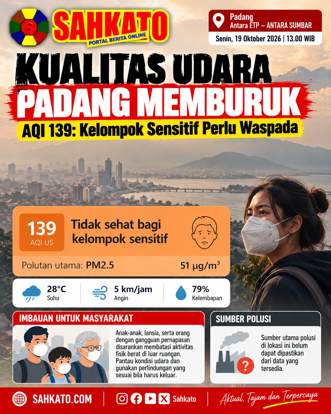 Kualitas Udara Padang Memburuk! AQI Tembus 139, PM2.5 Capai 51 µg/m³