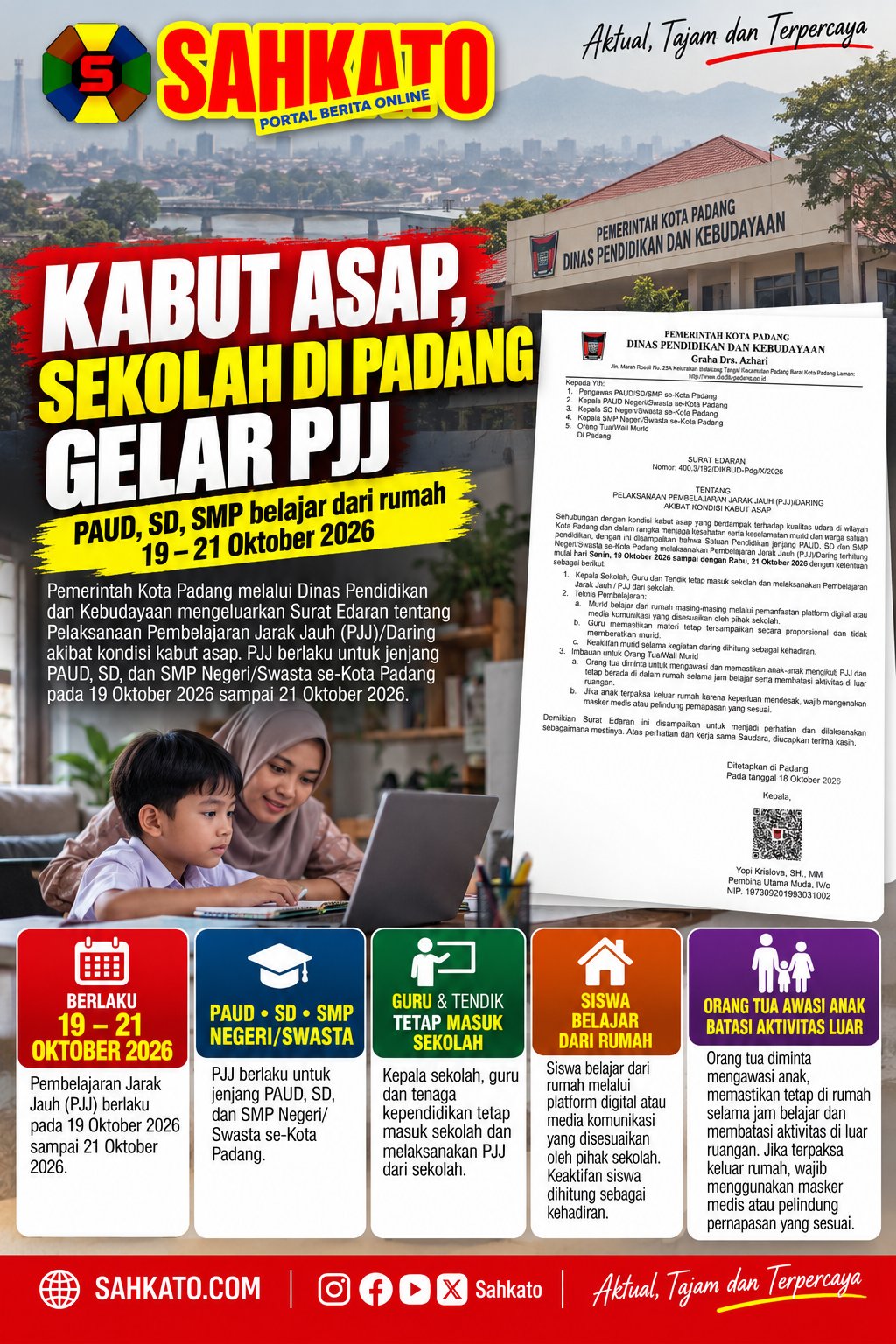 Kabut Asap Kembali Ganggu Padang, Disdik Berlakukan PJJ untuk PAUD hingga SMP Mulai 19 Oktober 2026