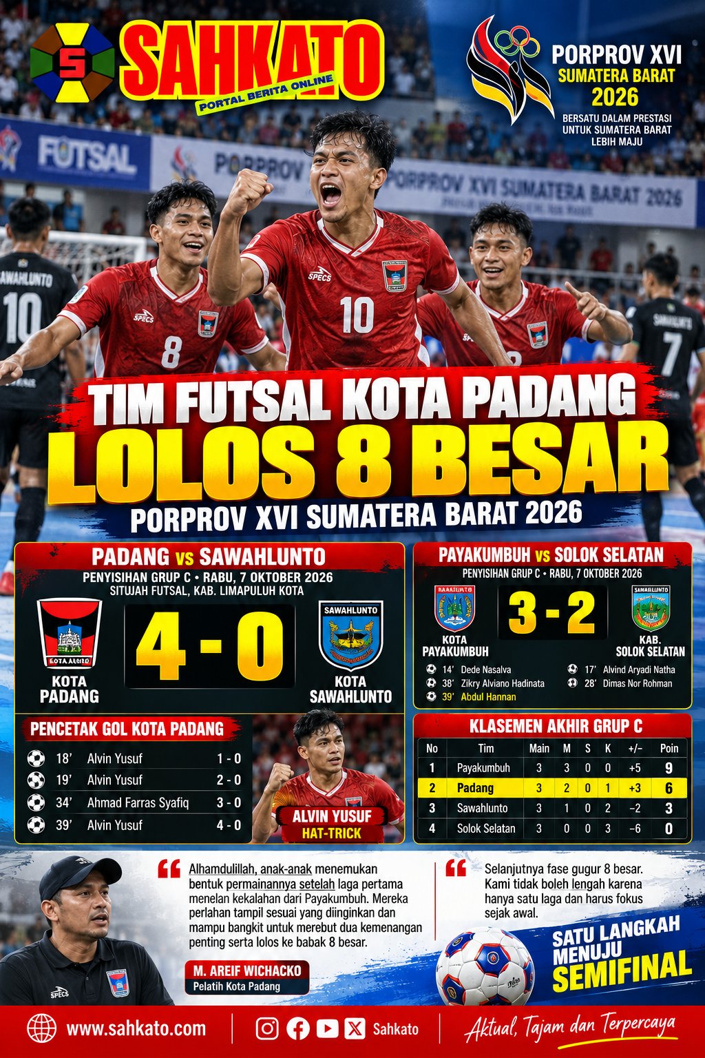 Kota Padang Melaju ke 8 Besar Futsal Porprov Sumbar 2026 Usai Hancurkan Sawahlunto 4-0